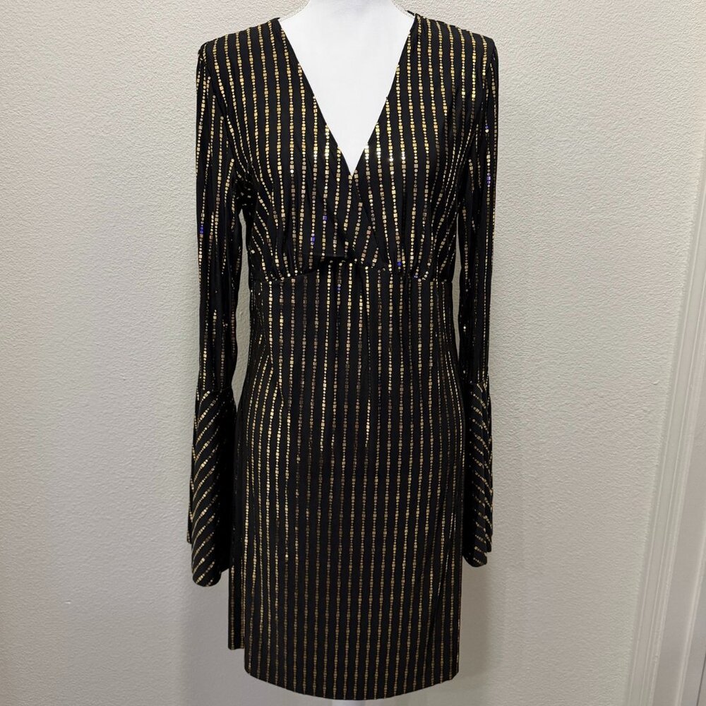 Dreamgirl black and gold v-neck knee length dress with long bell sleeves, XL